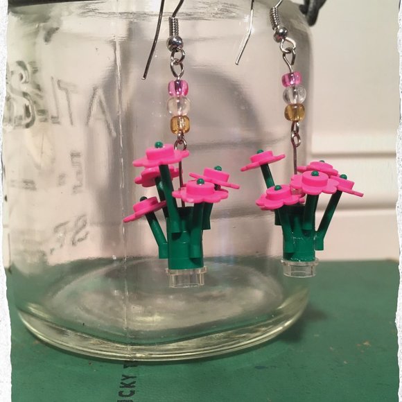 LEGO 🌸 Pink Flower Earrings, Handcrafted - Picture 2 of 2